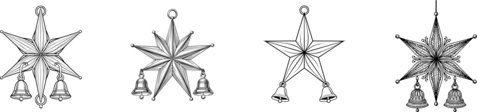 A star with two small bells hanging from its lower points in black and white line art, isolated on a white background