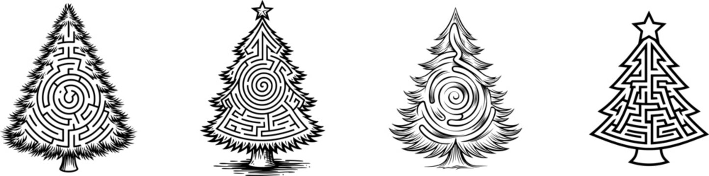A black-and-white Christmas tree maze illustration features intricate winding paths within its branches, set against a stark white background for a minimalist yet festive design