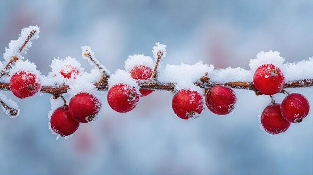 Frozen red berries on a tree branch covered in snow during winter