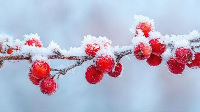 Cold winter scene with red berries covered in frost on a branch