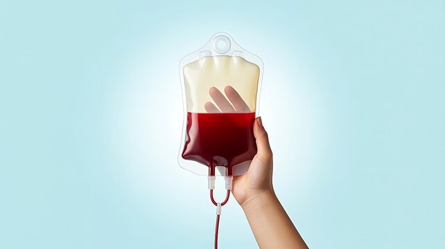 Hand holding blood transfusion bag representing blood donation, medical treatment and healthcare support