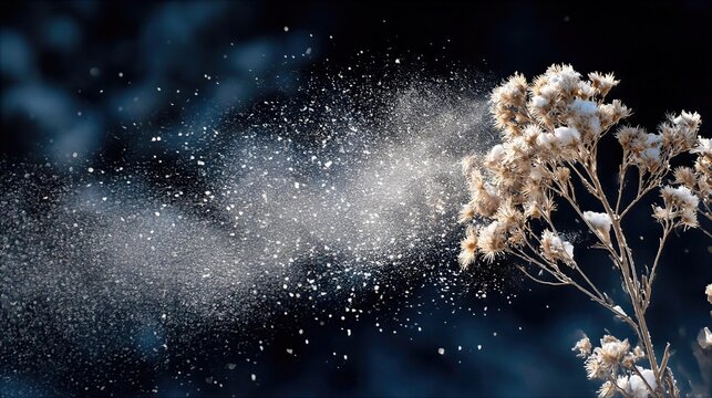 Snowflakes falling from a plant in a winter landscape at night