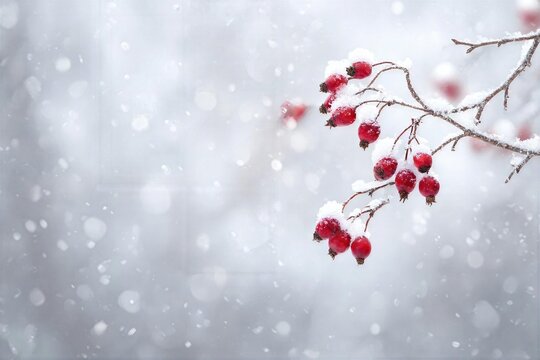 Snow covers red berries on branches during winter in a forest