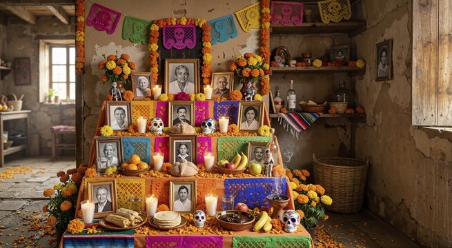 Multi tiered Day of the Dead altar setup with ancestor photos. Traditional Mexican Dia de los Muertos ofrenda with marigolds, candles, and food offerings