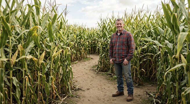 Farmer standing on a path inside tall corn maze. Smiling man in plaid shirt at rural agritourism farm attraction