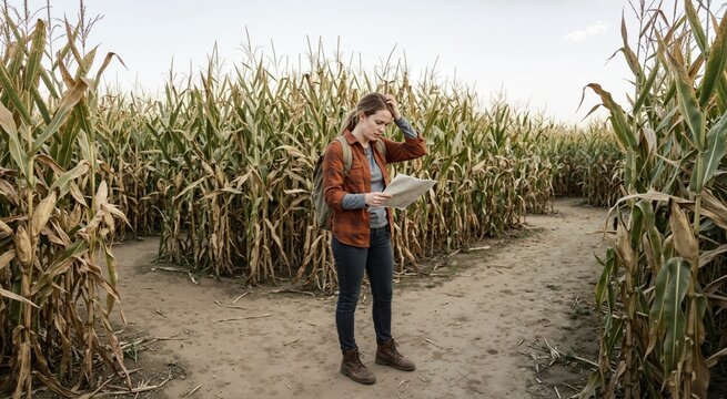 Confused young woman holding map at crossroads in tall corn maze. Lost hiker exploring autumn labyrinth outdoors