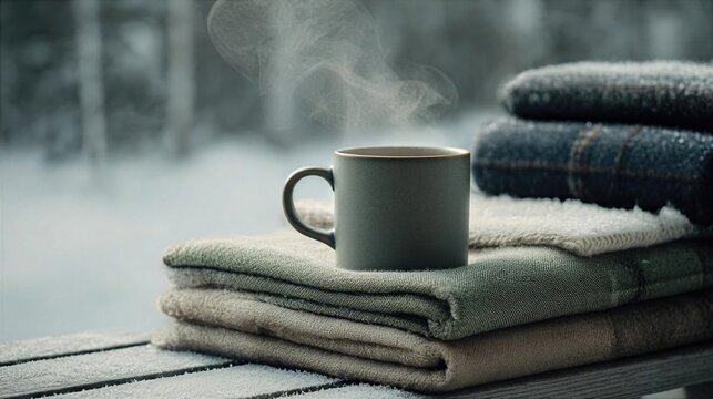 Warm drink on a cold winter day with blankets in a cozy setting