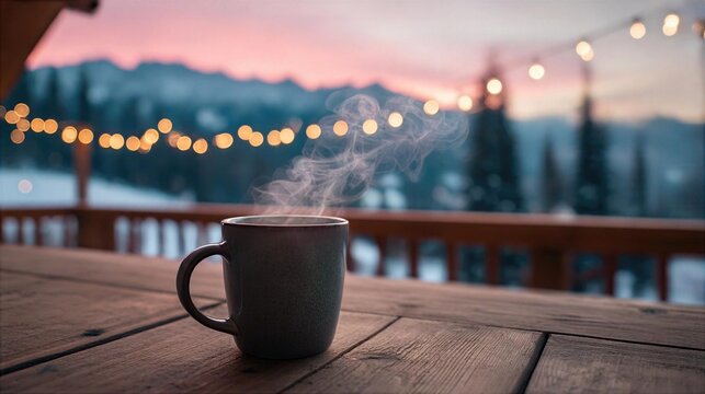 Hot coffee sits on a wooden table while the sun sets behind snowy mountains