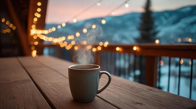Cup of coffee sits on a table with lights in the background during twilight