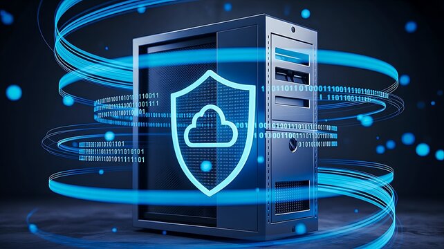 Secure server protection concept with glowing shield, digital lock and cybersecurity network connections