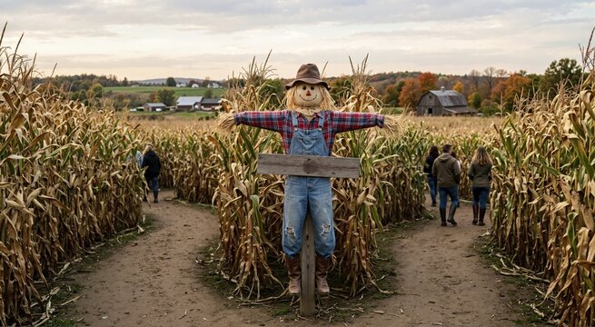 Friendly scarecrow standing at path fork in corn maze with blank wooden sign. Autumn farm landscape