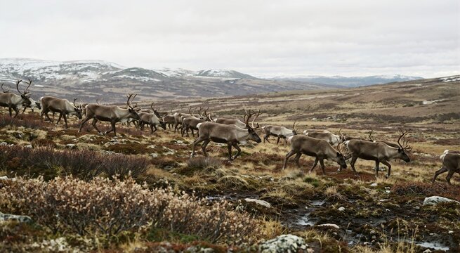 Herd of caribou traversing arctic tundra landscape in autumn. Wild reindeer migration across northern wilderness terrain