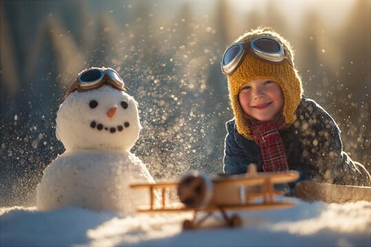 Child plays in snow with snowman and toy airplane during winter afternoon