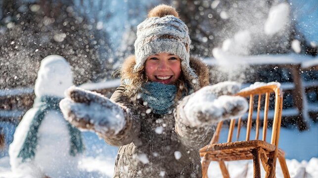 Child plays in snow with smile and snowball in hands near snowman in winter season