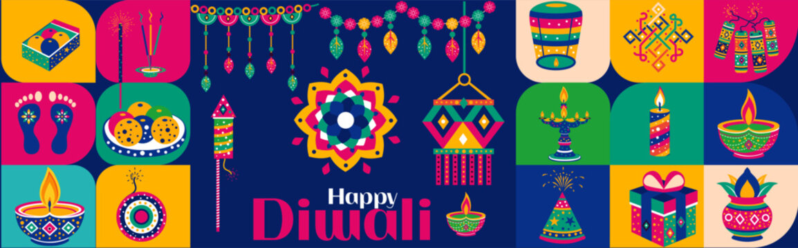 Diwali festival flat modern elements illustration and icon set for graphic and web design templates. Lights with Diya, Lantern, Rangoli, Firework, Sweets, and Geometric Ornaments for Web and Icon