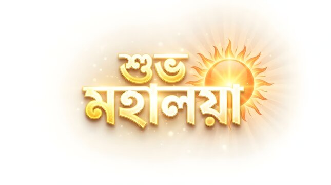 Shubho Mahalaya bright sun rays background with golden bengali calligraphic typography.