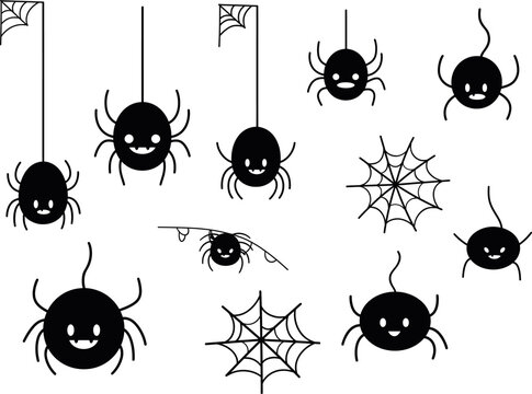 Cute cartoon spider characters and webs