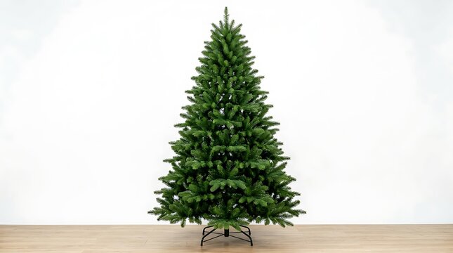 Large artificial green christmas tree standing indoors against a white wall
