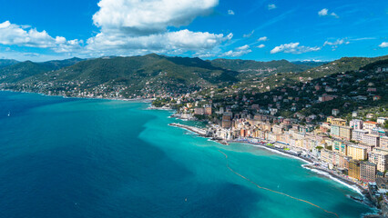 Obraz premium Aerial view of Camogli village and coastline in Liguria, Italy