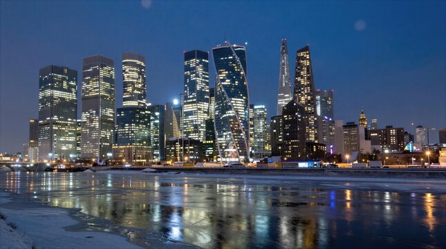 City skyline at night with tall buildings and reflections in the water
