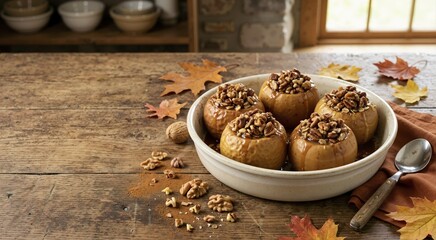 Fototapeta premium Baked apples with walnuts and caramel sauce in a baking dish. Delicious autumn dessert on a rustic wooden table