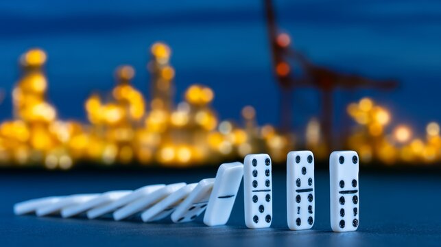 Industrial Scene with Dominoes in Sequence Highlighting Security and Flaws in a Modern Facility