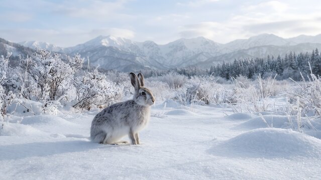 Japanese Hare Standing in a Snow-Covered Field with Snowy Mountains in the Background