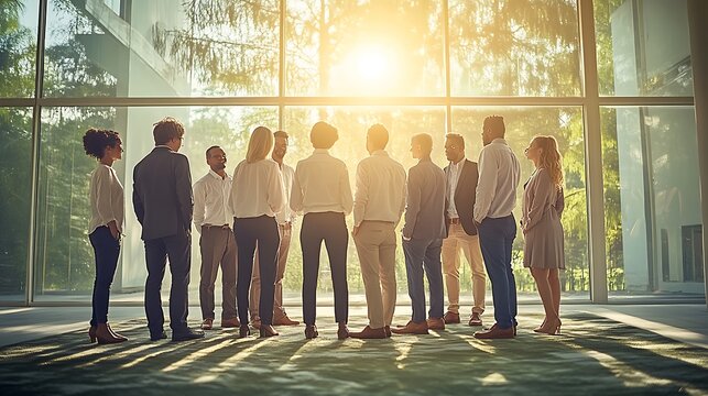 Diverse business team gathered outdoors, discussing, sunlit