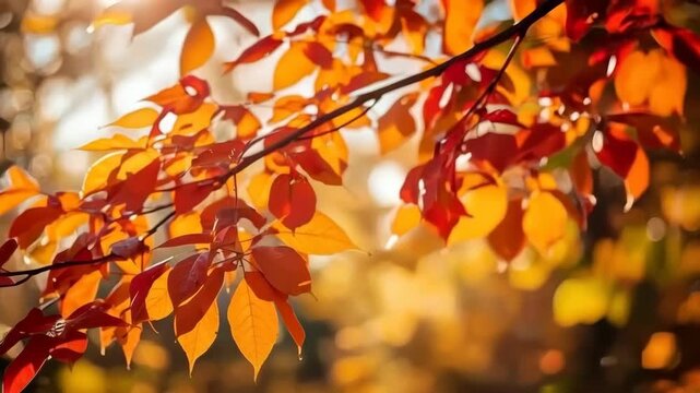 Autumn Foliage and Orange Leaf Branch Glowing in Warm Sunlight Across Woodland Nature