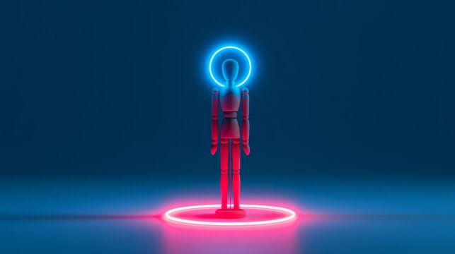chakra meditation, spiritual awakening, energy healing, mindfulness, aura energy, Wooden mannequin illuminated with blue and red lights, symbolizing spiritual awakening 