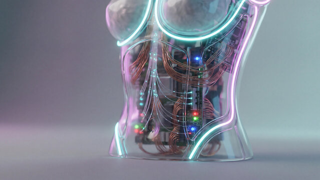 Cybernetic robotic torso made of transparent glass reveals intricate internal wires and glowing neon circuits.