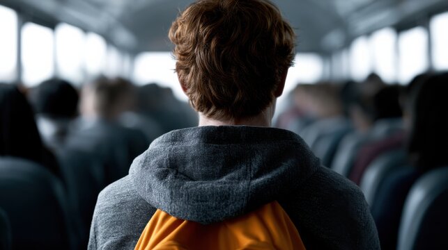 A person with red hair wearing a hoodie and backpack, seen from behind, walking down a crowded bus aisle. The mood is somber and introspective, with blurred figures in the background