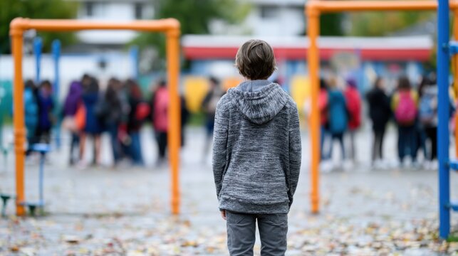 A young child stands alone in a playground, facing away from the camera. In the background, a group of children are gathered, creating a sense of isolation.