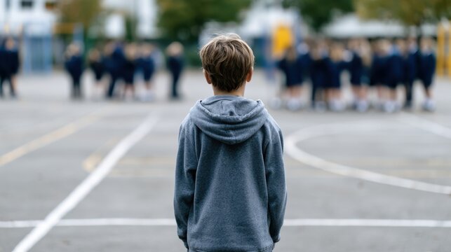 A young boy wearing a hooded sweatshirt stands with his back to the camera, facing a group of children in school uniforms on a playground. The boy appears isolated.