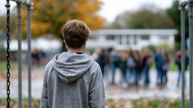 A lone boy in a gray hoodie stands with his back to the camera, looking towards a blurred group of people outdoors on a cloudy day. The scene evokes a sense of isolation and contemplation.