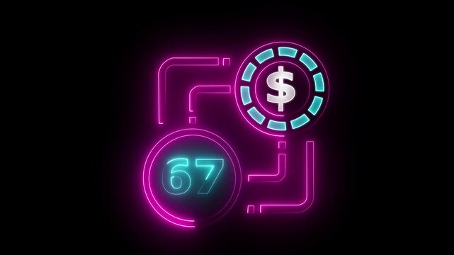 67 dollar sign text vibrant neon green on black background, financial wealth and currency concept. Neon check mark with payment successful. Confirmation, money transaction concept.