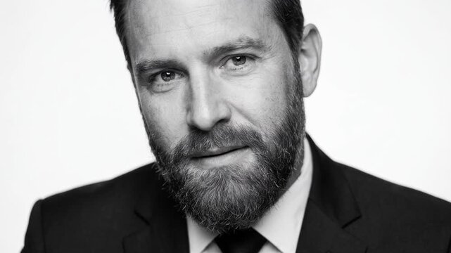Black and white portrait of a bearded man in a suit looking at camera. Close up of a confident businessman with a beard smiling on a white background. Studio headshot
