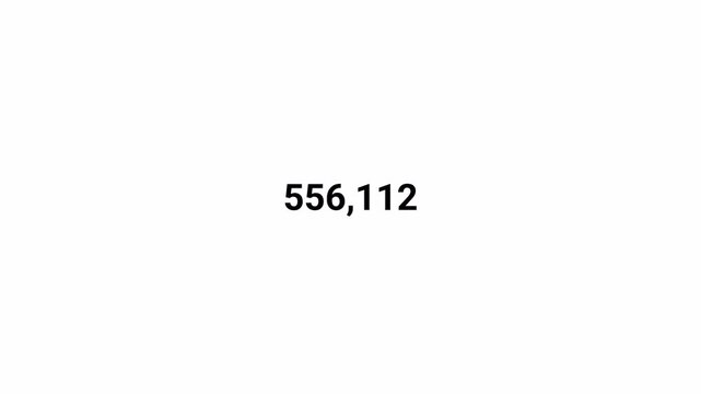 Number counter animation from 0 to 1,000,000 on transparent background, Animated counting numbers count up to one million for likes, views & amount concepts.
