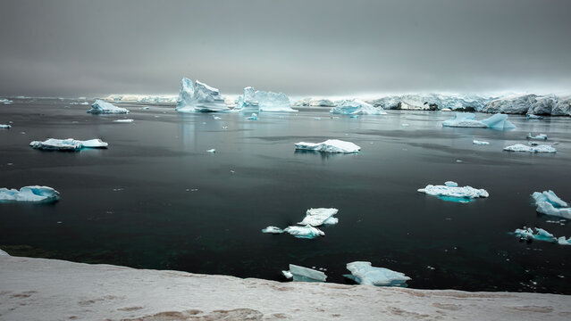 Small icebergs drift across a calm polar sea beneath a moody overcast sky.