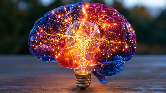 Bright conceptual digital illustration of a brain connected to a glowing light bulb through intricate luminous neural pathways, symbolizing knowledge creativity and new ideas, vivid cyan yellow mage