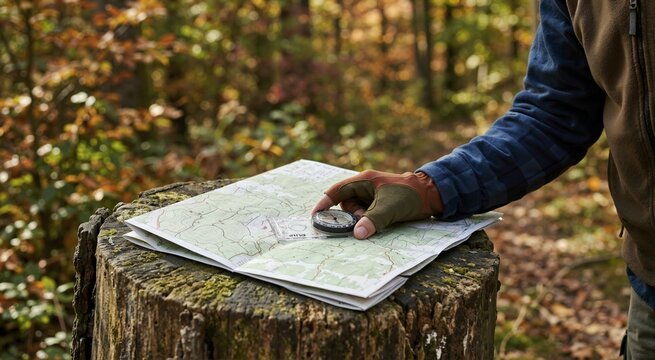 Hiker holding compass on topographic paper map outdoors. Navigating trail in autumn forest. Orienteering and hiking adventure concept