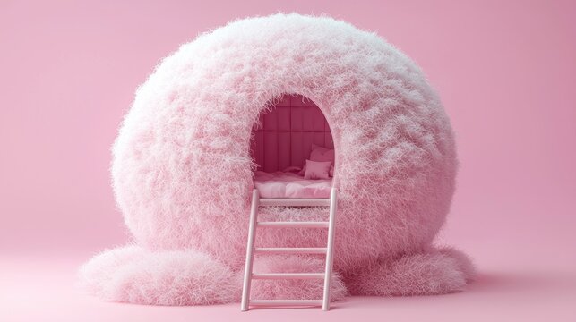 Fluffy pink igloo bed with small ladder