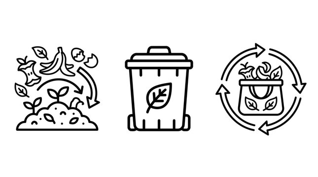Organic waste management and composting icon set with compost bin, food scraps, and recycling vector illustration