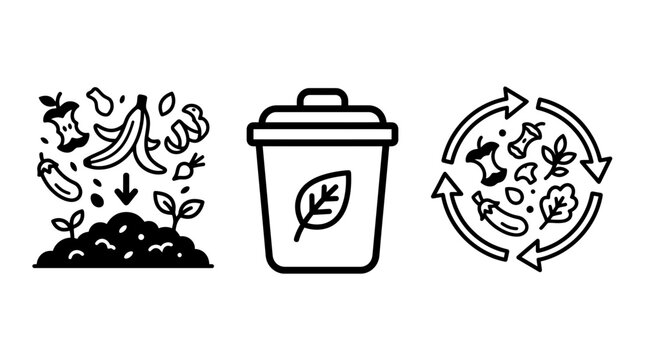 Organic food waste composting icons vector graphic set featuring compost pile trash bin and recycling symbol