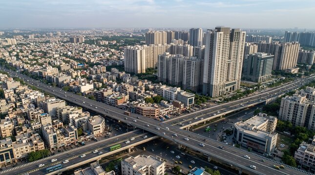 Aerial view of a dense urban cityscape with modern skyscrapers, apartment buildings, and a busy highway interchange during the daytime.