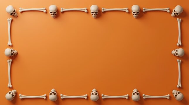 Human skulls and bones arranged as a rectangular frame on orange
