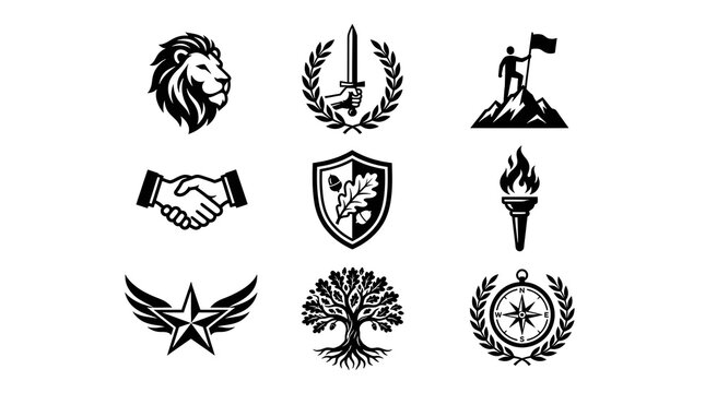 A collection of black and white heraldic icons featuring a lion head sword shield handshake torch star wings tree and vintage compass design elements