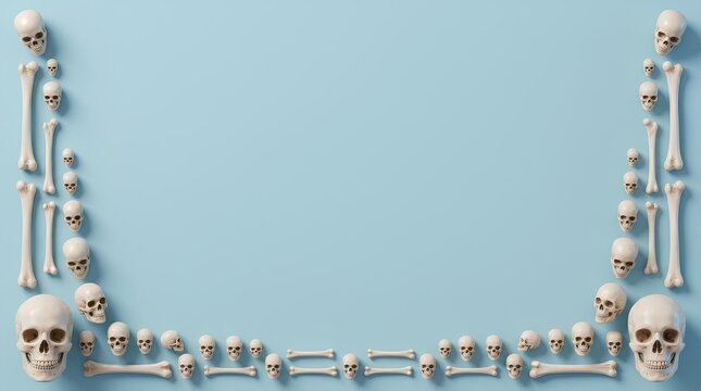 Human skulls and bones arranged as a frame on light blue background