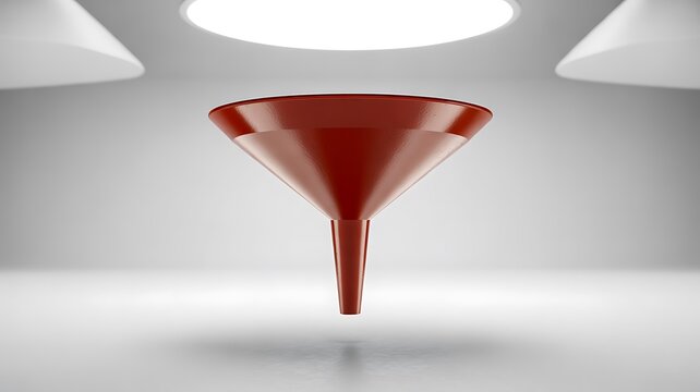 Red plastic funnel isolated on a clean white background for pouring and filtering liquids