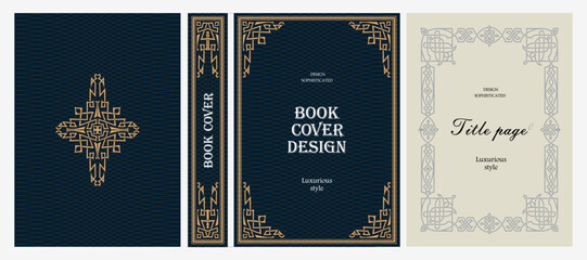 Fototapeta premium Classic vintage book cover, title page, spine design with Art Deco, Baroque, Art Nouveau and Victorian ornaments. Elegant decorative frame, retro style for publications, posters and artistic layouts.
